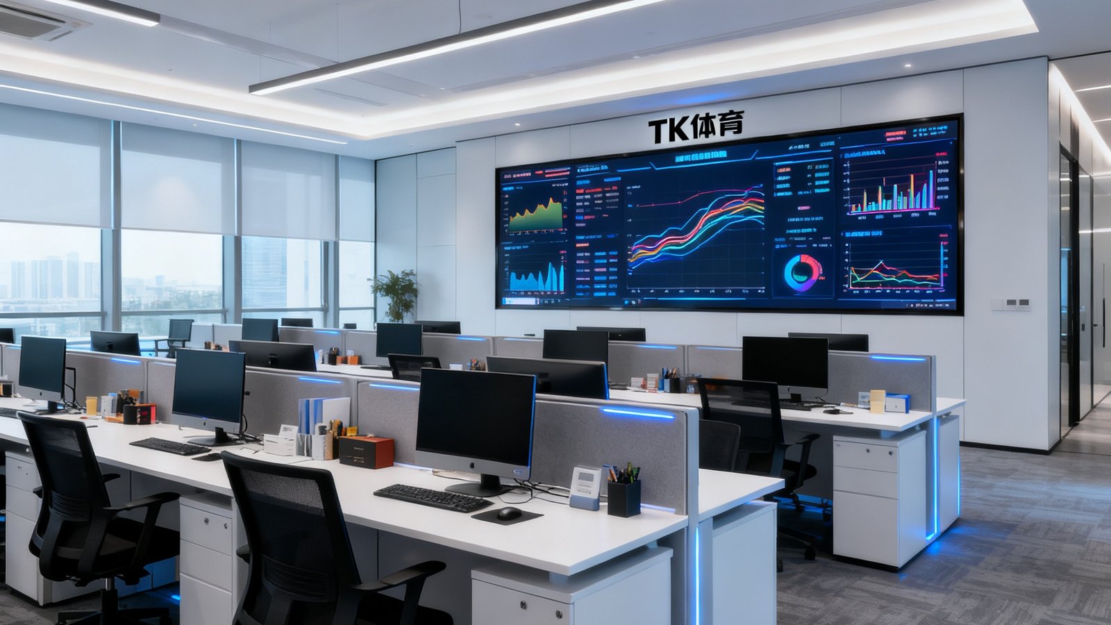 TK体育深圳办公室实景，开放式工位与实时数据大屏监控墙